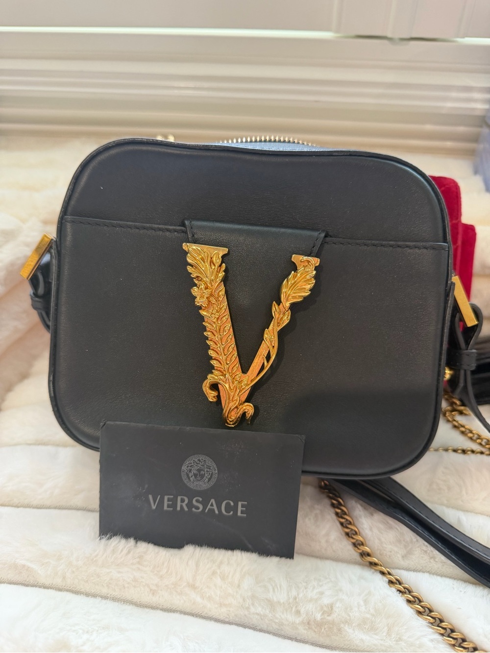 Versace Black Leather Crossbody with Gold V Emblem